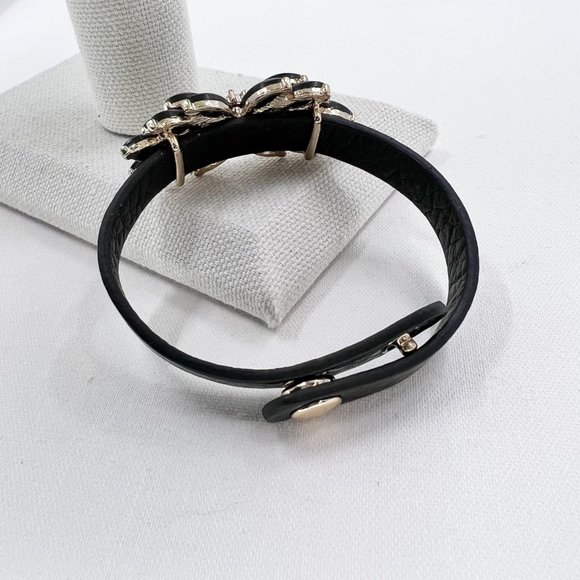 Black Jeweled Double Stacked Flower Gold Tone Black Leather 7” Bracelet - Picture 4 of 9